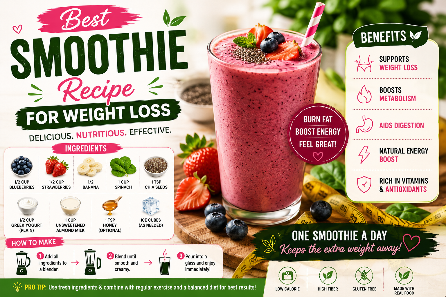 Healthy weight loss smoothie made with fruit, spinach, yogurt, and nutritious ingredients