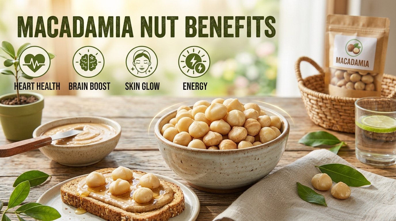 Macadamia nut benefits with fresh macadamia nuts and healthy foods